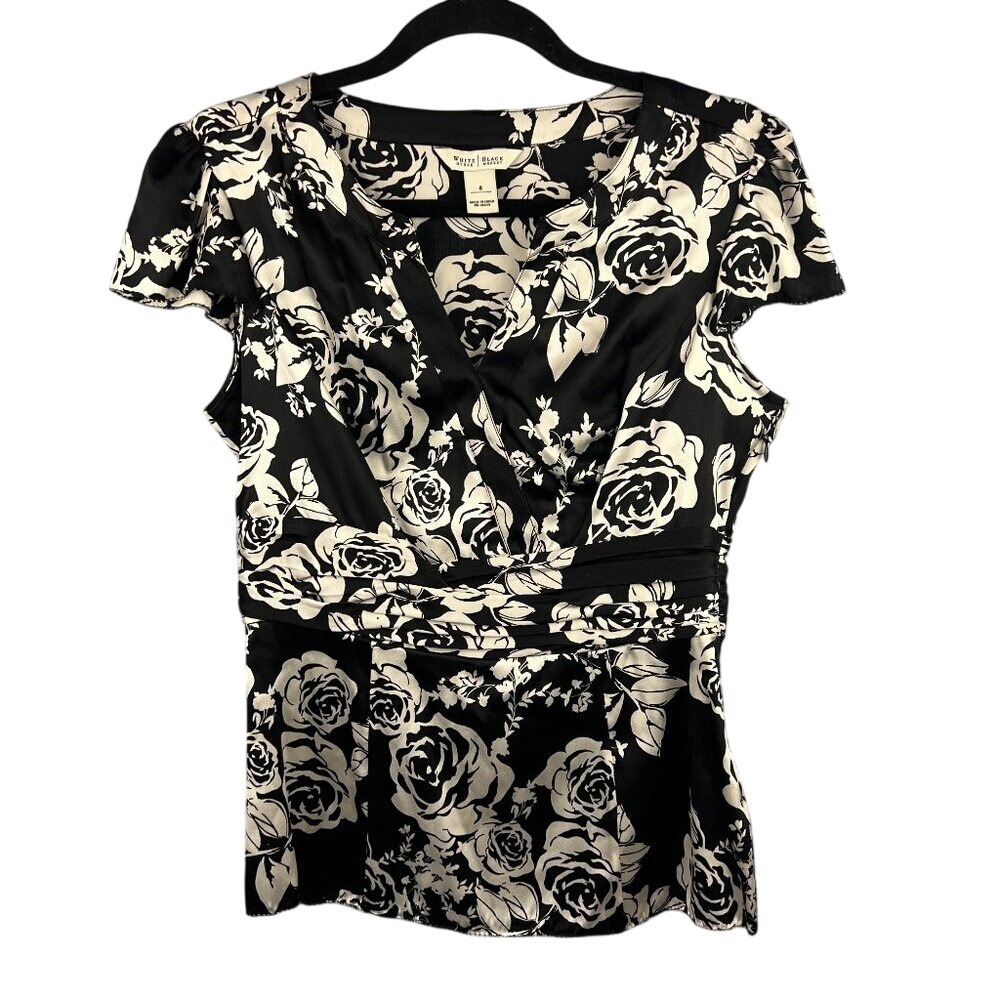Silk Black White Floral Rose Cap Sleeve‎ Faux Wrap Blouse Size 8 Career Party